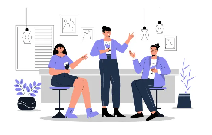 Three Friends in the Coffee Shop Talking at a Table Stock Illustration image